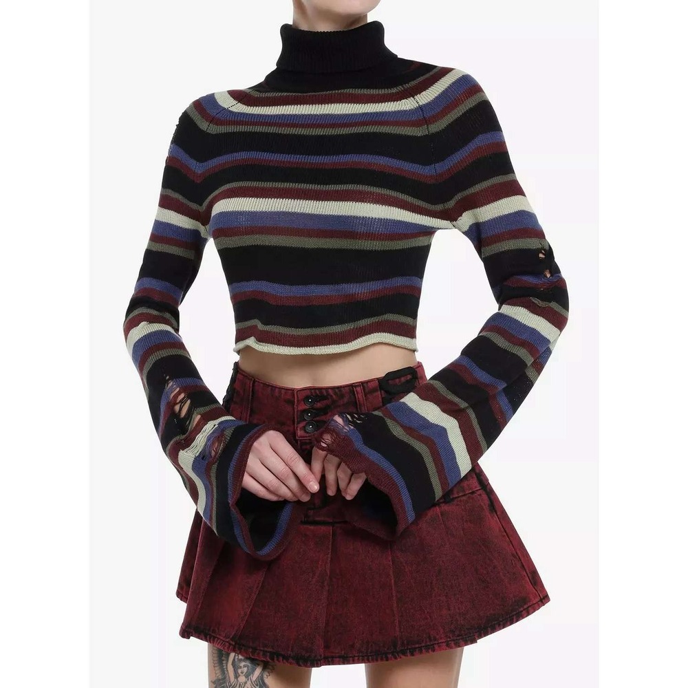 Social Collision Sweater Womens XL Distressed Striped Crop Hot Topic Emo Indie